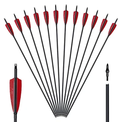 Image of Huntingdoor 12Pcs 30 inch Archery Carbon Arrows Spine 550 Hunting Targeting with Replaceable Broadhead for Recurve Bow Compound Target Practice (Feather Arrows)