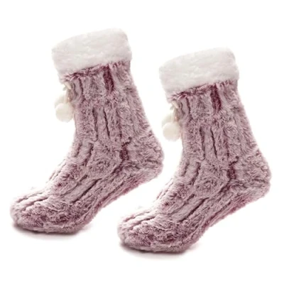 Image of A2Z Ladies Furry Loung Socks Sherpa Lining Pompom Chunky Knit Fur LS1254 Pink 4 8