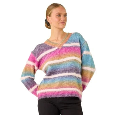 Image of Roman Originals Soft Stripe Knit Jumper for Women UK Ladies Everyday Autumn Winter V Neckline Comfy Evening Vacation Work Party Night Out Magenta Size 14