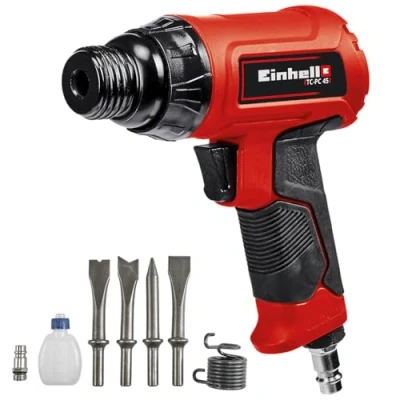 Image of Einhell TC PC 45 Compressed Air Chisel Hammer Set (for Stone and Metal, Includes 4 Piece 120 mm Set, Needle Scaler Attachment, Oil Bottle (Without Contents), Plug Nipple