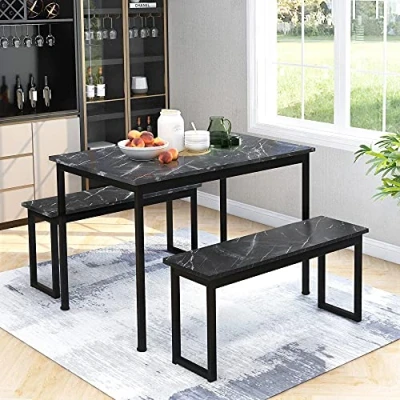 Image of Kitchen Dining Table and 2 Bench Set, Garden Home Furniture Set Room Furniture, Solid &amp; Sturdy Metal Frame Industrial, Black