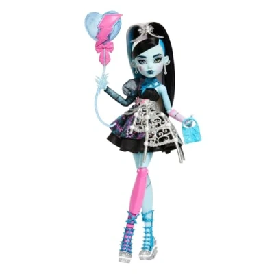 Image of Monster High Scary Sweet Birthday Doll, Frankie Stein in Black Party Dress with Themed Accessories like Invite, Balloon, Gift, Lipstick and More