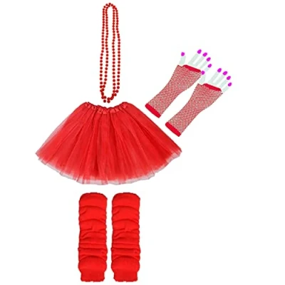 Image of Lizzy Neon Colour Leg Warmers + Fishnet Gloves 3Layer Tutu Beads Necklace 80s Teen Fancy Dress Dance ware Hen Party Accessory (Red, Ladies)