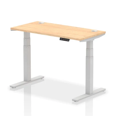 Image of Air 1200x600mm Height Adjustable Desk Maple Top Cable Ports Silver Leg