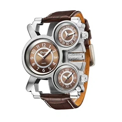 Image of Oulm Three Time Display Quartz Mens Military Army Sport Wrist Watch Brown Leather