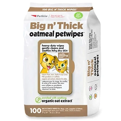 Image of Petkin Pet Wipes for Dogs and Cats, 100 (Large) Oatmeal Cats Soothes Itchy Dry Skin Cleans Ears, Face, Butt, Body Eye Area Idea Home Travel
