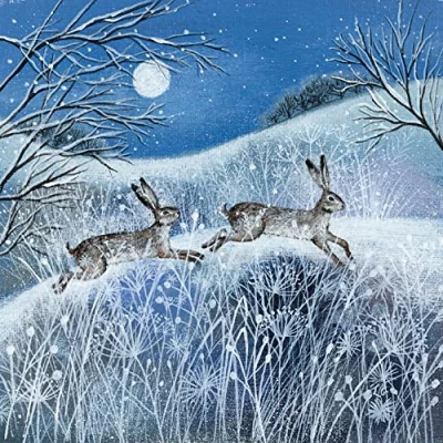 Image of Museums &amp; Galleries Lucy Grossmith Moon Snow and Hares Pack of 5 Charity Christmas Cards