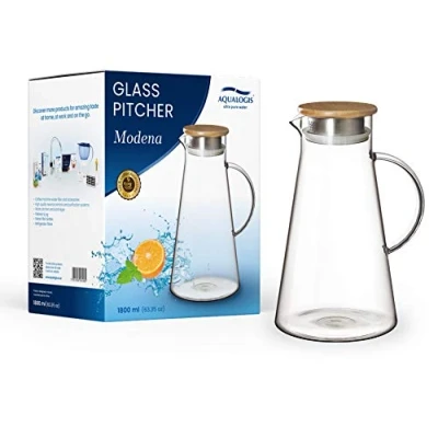 Image of 1.8 Liter Aqualogis Modena, Glass Pitcher with lid iced Tea Water jug Hot Cold ice Wine Coffee Milk and Juice Beverage Carafe