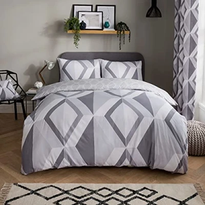 Image of Sleepdown Large Diamond Geometric Grey Reversible Duvet Cover Quilt and Pillow Cases Bedding Set Soft Easy Care Super King (220cm x 260cm), Polycotton