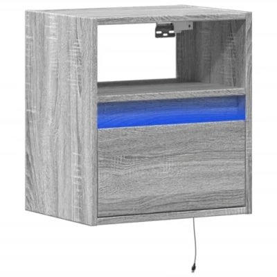 Image of vidaXL Wall Mounted Bedside Cabinet with LED Lights Grey Sonoma Engineered Wood Modern Style USB Connector 2 Drawers 41x31x45 cm