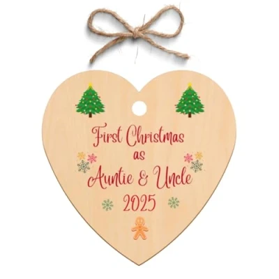 Image of Second Ave First Christmas as Auntie &amp; Uncle Wooden Hanging Heart Xmas Tree Decoration Bauble