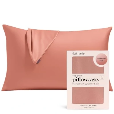 Image of Kitsch Satin Pillowcase for Hair &amp; Skin Softer Than Silk and Cooling Pillowcases with Zipper Pillow Case Cover Cases Standard Queen (Terracotta, 1 Pack)