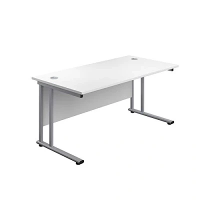 Image of Office Hippo Heavy Duty Rectangular Cantilever Desk,Home Desk,Office Table,Integrated Cable Ports,PC Desk For or Home,5 Yr Wty By Silver Frame/White Top,140cm x 80cm