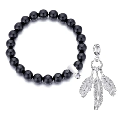 Image of Philip Jones Black Onyx Gemstone Bracelet with Feathers Charm