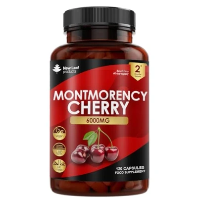 Image of Montmorency Cherry 6000mg 120 Capsules High Strength Concentrate Natural Tart Vegan Supplements (not Tablets or Powder) Non GMO, 2 Months Supply (2 per Serving) Made in The UK