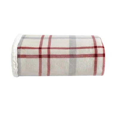 Image of Eddie Bauer Reversible Sherpa Fleece Bedding, Home Decor for All Seasons, Polyester, New Castle Red/Grey/Ivory, Throw