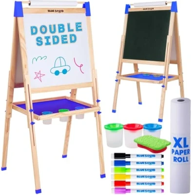 Image of Blue Squid Art Easel for Kids Dual Sided Adjustable Wooden Painting Easels with Magnetic Chalk Board, White Board &amp; Paper Roll Includes Accessories Toddlers Children 3 to 12