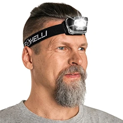 Image of Foxelli LED Head Torch for Adults &amp; Kids, Running, Camping, Hiking Headtorch Battery Powered with White Red Light, Lightweight Waterproof Headlamp Comfortable Headband, Batteries Included