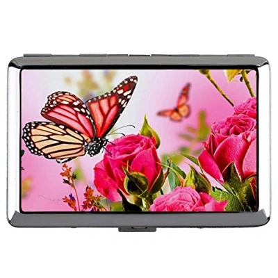 Image of Silver Stainless Steel Cigarette Case,Pink Rose Art Butterfly Credit ID Card Holder