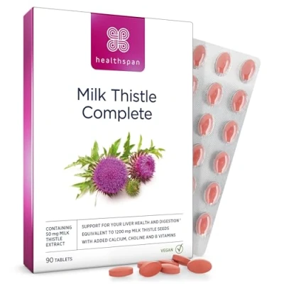 Image of Healthspan Milk Thistle Complete (90 Tablets) 50mg Extract with B Vitamins, Calcium &amp; Choline to Support Your Digestive Health Liver Function Vegan Friendly