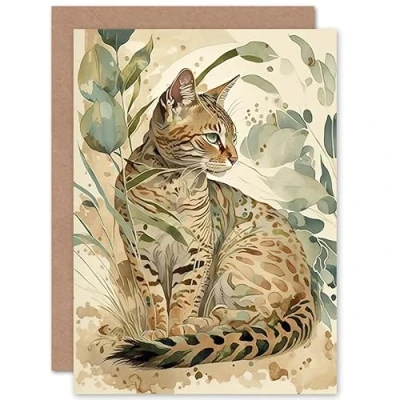 Image of Artery8 Spotted Fur Coat Bengal Cat in Nature Pastel Watercolour Illustration Art Birthday Sealed Greeting Card Plus Envelope Blank inside