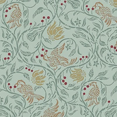 Image of Melody Jane Dolls House Birds &amp; Berries Miniature Print 1:24 Scale Wallpaper Green