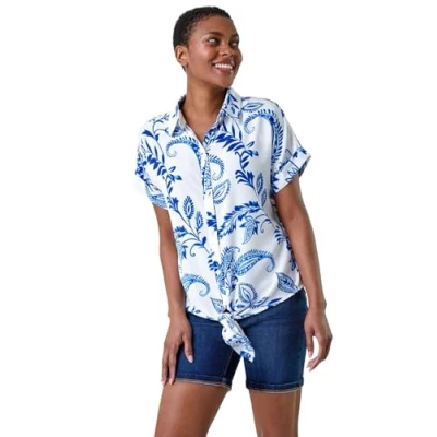 Image of Roman Paisley Leaf Print Tie Front Top for Women UK Ladies Spring Everyday Summer Holiday Short Sleeves Soft Button Up Comfy V Neckline Shirt Vacation Beach Blouses Blue Size 16