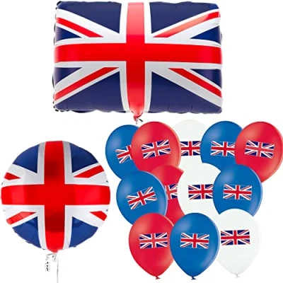 Image of Toyland® 32 Piece Union Jack Party Balloon Bundle 30 x Latex Balloons 12&quot;, 1 Round Foil 18&quot; &amp; Large Flag Shape 22&quot; British Decorations