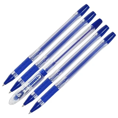 Image of Gripper Ballpoint Pens, BLUE, Fine Point (0.5mm), Pack of 5, Elasto Soft Grip, Smooth Writing, Perfect for School Office Home Use, iZOFAX Black Ball Pen