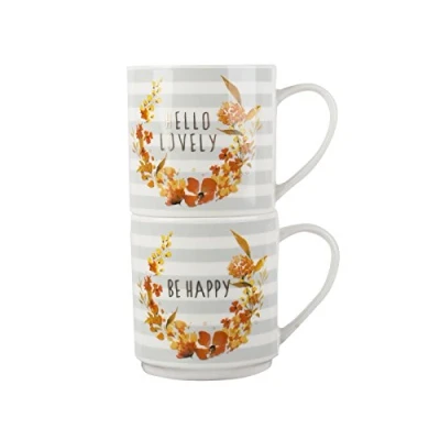 Image of Creative Tops 5199942 “Be Happy and “Hello Lovely 2 Piece Set of Fine china Stacking Mugs, 8.5 x 12 9 cm (3.5 4.5 3.5), Grey