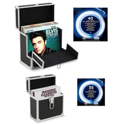 Image of Retro Musique Aluminium 12&quot; Vinyl Record Storage Case Includes 40 Sleeves &amp; 7&quot; EP 35 (Black)