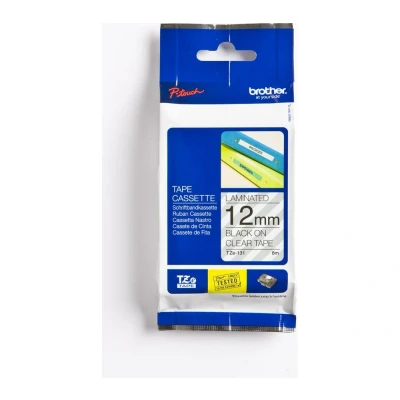 Image of Brother P Touch TZe Laminated Tape 12mm x 8m Black on Clear TZE131