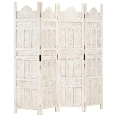 Image of vidaXL White 4 Panel Room Divider Solid Mango Wood Hand Carved Classic Design 160cm Width Ideal for Bedroom, Living and Dining