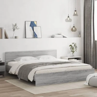 Image of vidaXL Super King Size Bed Frame with Headboard Grey Sonoma Engineered Wood, 180x200 cm, Bedroom Plywood Slats, Modern Design