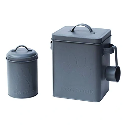 Image of simpa 3PC Metal Dog Food Storage Set featuring Embossed Paw Print Design: Tin, Treats Tin &amp; Serving Scoop Matt Slate Grey Finish