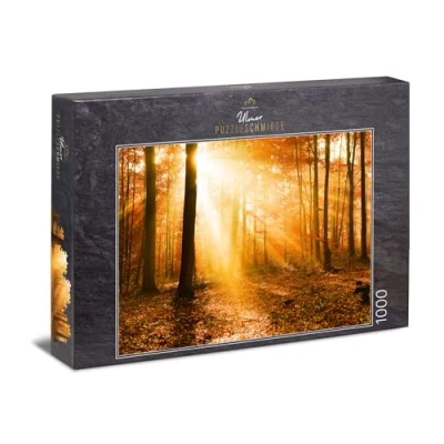 Image of Ulmer Puzzleschmiede puzzle &quot;Golden autumn forest&quot;: 1000 pieces jigsaw picturesque with sunlight between the trees in colorful forest