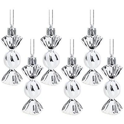 Image of Christmas Concepts® Pack of 6 8cm Mini Sweet Shaped Baubles Shiny &amp; Glitter Decorated Tree Decorations (Silver)