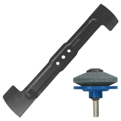 Image of Spares2go 43cm Metal Blade compatible with Bosch Rotak 43Li Ergoflex Lawnmower + Drill Sharpener Attachment