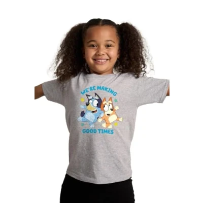 Image of Bluey Grey T Shirt for Kids Unisex Sizes 1 8 Years We&#039;re Making Good Times Design (UK, Age, 5 Years, 6 Regular, Standard, Grey)