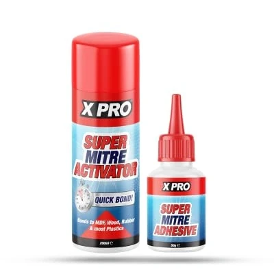 Image of XPRO Super Mitre Bonding Kit 50g Glue Adhesive &amp; 200ml Activator Bonds to MDF, Wood, Rubber most Plastics Quick Bond
