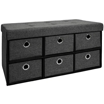 Image of DuneDesign folding Ottoman 76x38x38cm 6 drawers 80L rectangular Storage Bench upholstered lid seat for 2 container to store objects Dark Grey