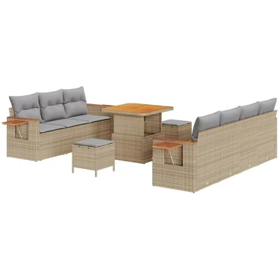 Image of vidaXL 10 Piece Garden Sofa Set with Cushions Beige Poly Rattan Acacia