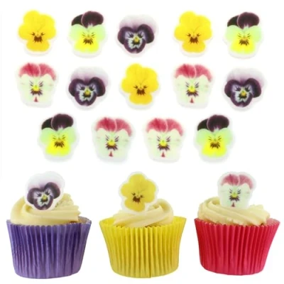 Image of Culpitt Mixed Pansies Sugar Decorations 32 Edible Cupcake Toppers Printed Fondant Paste Cake Decorations, Yellow, Purple, Pink, And Violet Flowers Pack