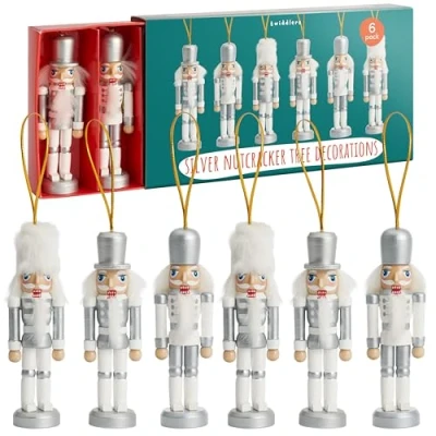 Image of THE TWIDDLERS 6 Silver Wooden Christmas Nutcracker Soldier Ornaments, 10cm / 4&quot; Tree Hanging Decorations in Festive Traditional Xmas Designs