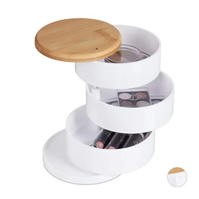 Image of Relaxdays Make up Organiser, 3 Rotating Levels, for Cosmetics &amp; Jewellery, Storage Box, Bamboo, Plastic, White
