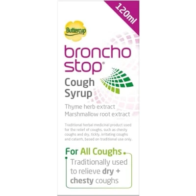Image of Buttercup BronchoStop Cough Syrup for All Types Relives Dry &amp; Chesty Coughs Available in Two Sizes Alcohol Free Medicine (120ml)