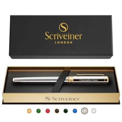 Image of Scriveiner Personalised Silver Chrome Rollerball Pen Stunning Luxury Pen, 24K Gold Finish, Schmidt Ink Refill, Best Engraved Roller Ball Gift Set for Men &amp; Women, Custom Name Engraving