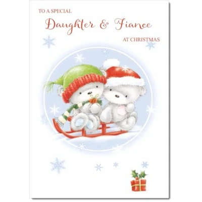 Image of doodlecards Daughter and Fiance Christmas Card Cute Bears on Sled Medium Size for &amp; with Plain Envelope