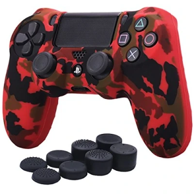 Image of YoRHa Water Transfer Printing Camouflage Silicone Cover Skin Case for Sony PS4/slim/Pro Dualshock 4 Controller x 1(Red) With Pro thumb grips 8
