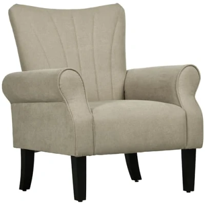 Image of HOMCOM Armchair, Upholstered Modern Accent Chair with High Back, Rolled Arms and Wood Legs, Soft Thick Padded Living Room Chair, Beige